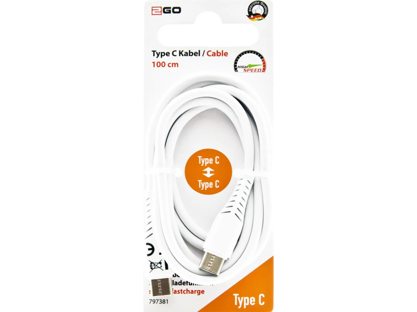 USB Ladekabel Type C > Type C, weiß, 1m